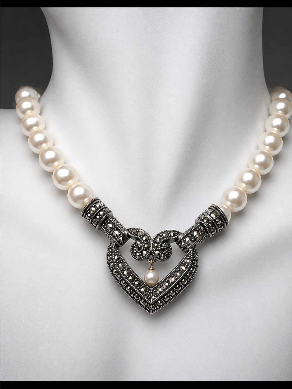 Judith Jack Silver and White Faux Pearl & Marcasite Necklace 16”